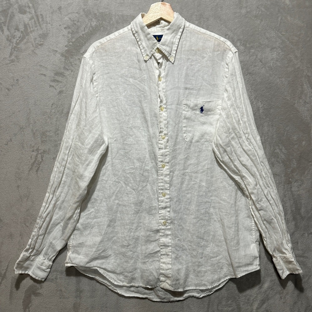 Ralph Lauren Classic Fit White 100% Linen Long Sleeve Button Down Shirt Mens L